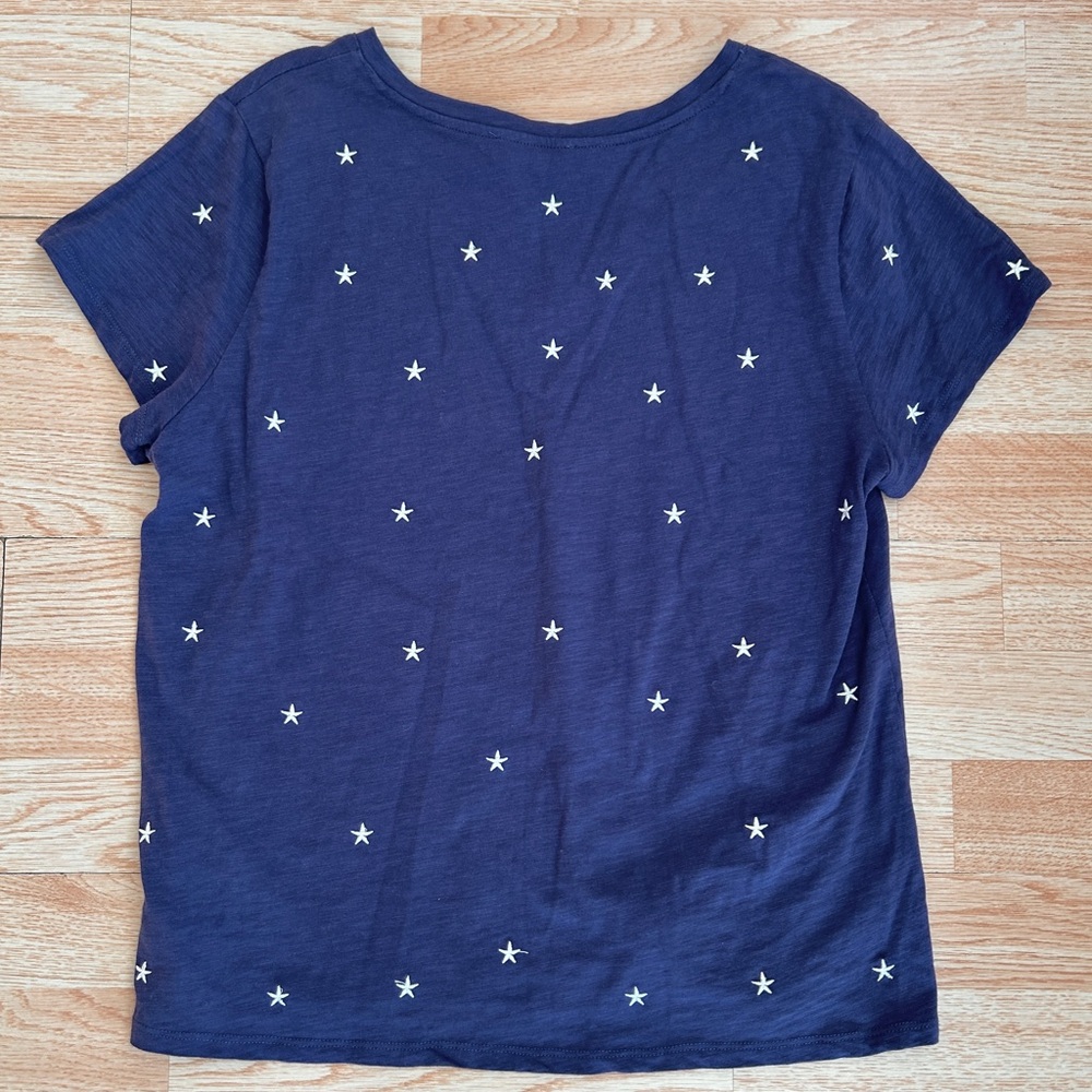 Cynthia Rowley Navy Blue & White Embroidered Star V Neck Cotton Tee Shirt XL - Picture 3 of 4